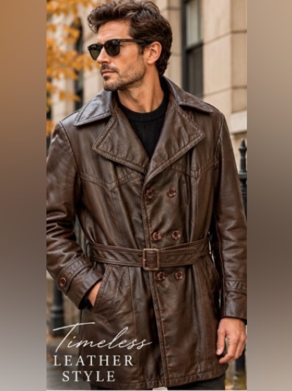 Vintage Sears Brown Leather Trench Coat Belted Zip Out Fur Liner 42